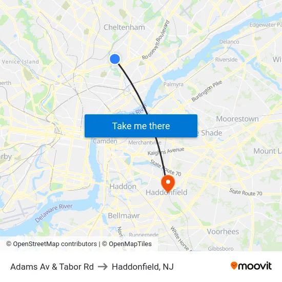 Adams Av & Tabor Rd to Haddonfield, NJ map