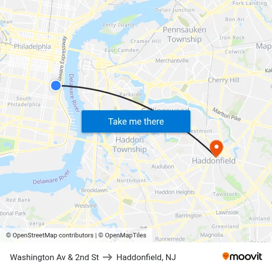 Washington Av & 2nd St to Haddonfield, NJ map