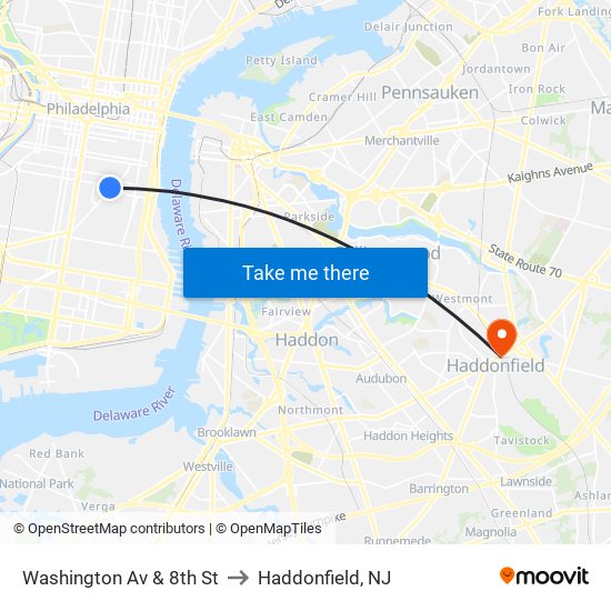 Washington Av & 8th St to Haddonfield, NJ map