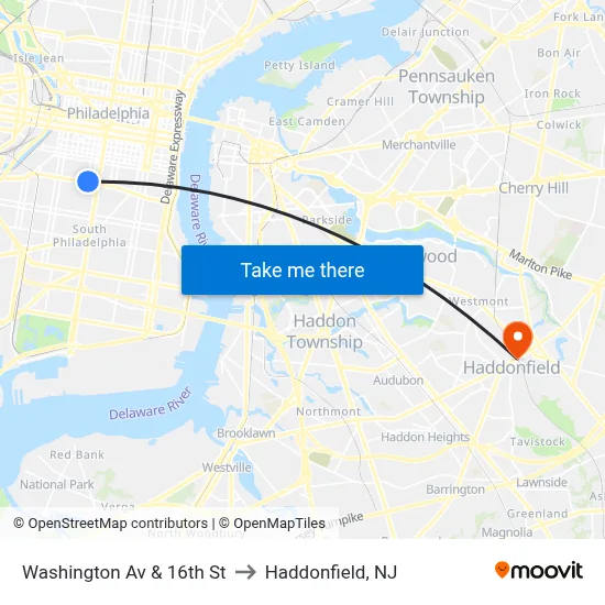 Washington Av & 16th St to Haddonfield, NJ map
