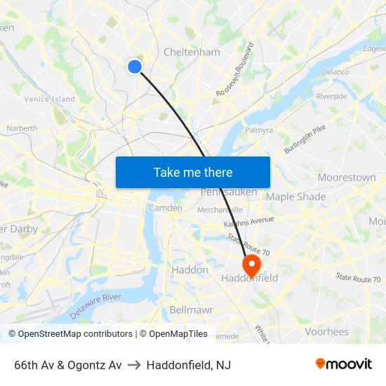 66th Av & Ogontz Av to Haddonfield, NJ map