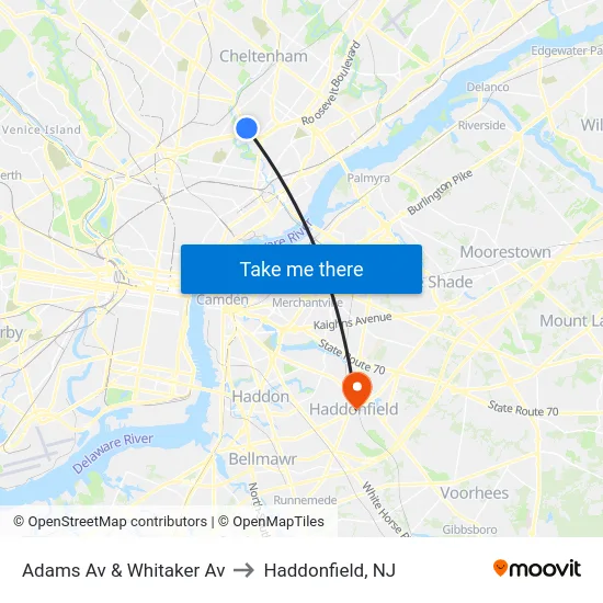 Adams Av & Whitaker Av to Haddonfield, NJ map