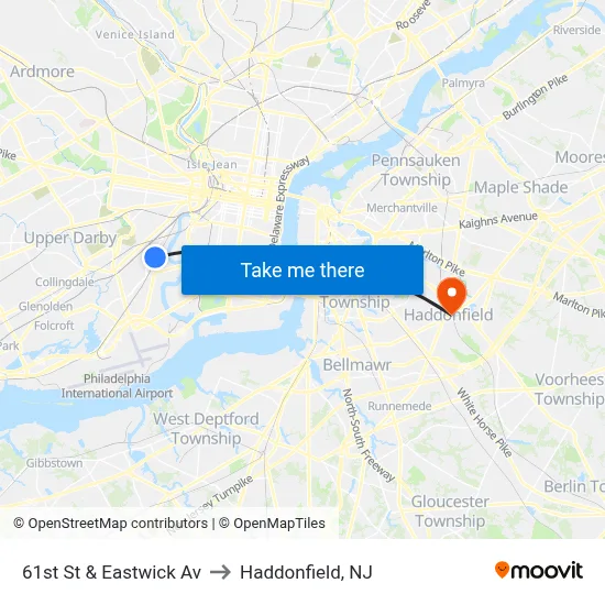 61st St & Eastwick Av to Haddonfield, NJ map
