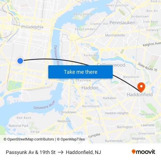Passyunk Av & 19th St to Haddonfield, NJ map