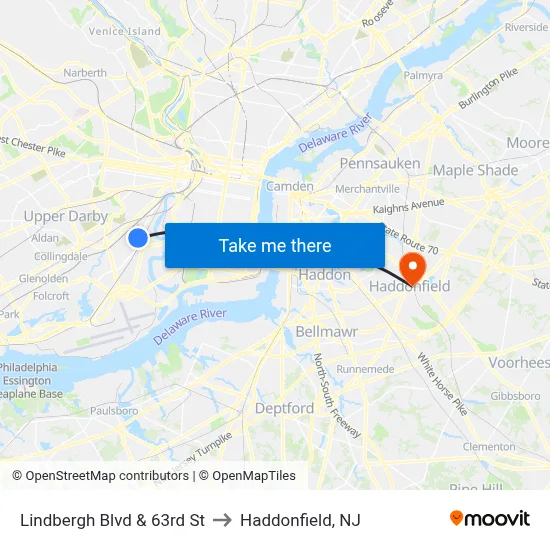 Lindbergh Blvd & 63rd St to Haddonfield, NJ map