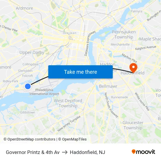 Governor Printz & 4th Av to Haddonfield, NJ map