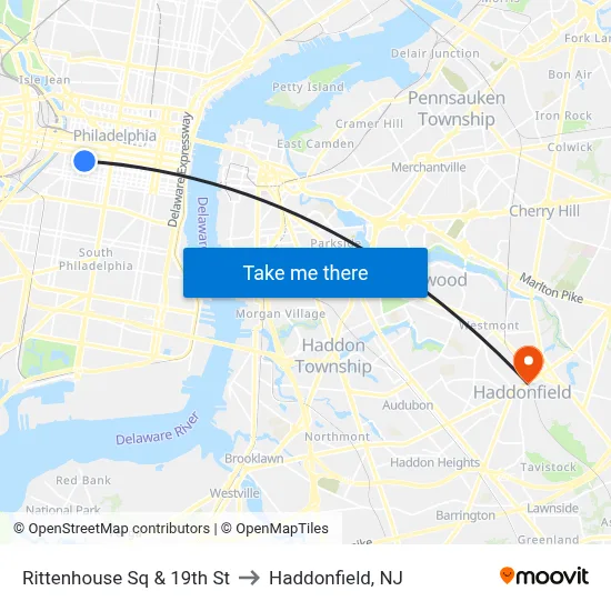Rittenhouse Sq & 19th St to Haddonfield, NJ map