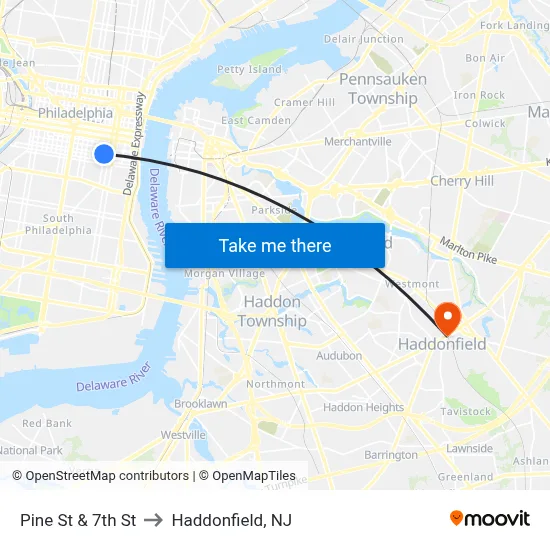 Pine St & 7th St to Haddonfield, NJ map