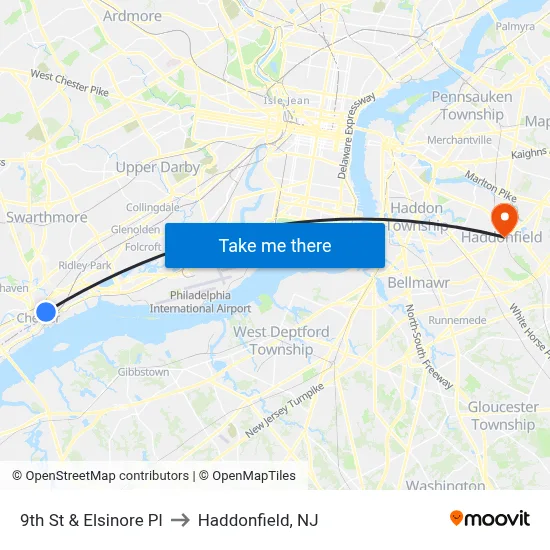 9th St & Elsinore Pl to Haddonfield, NJ map