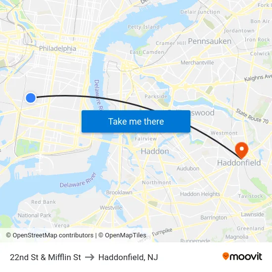 22nd St & Mifflin St to Haddonfield, NJ map