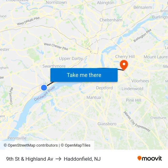 9th St & Highland Av to Haddonfield, NJ map