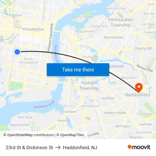 23rd St & Dickinson St to Haddonfield, NJ map