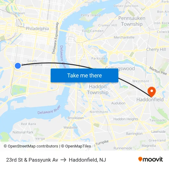 23rd St & Passyunk Av to Haddonfield, NJ map