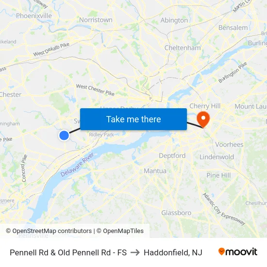 Pennell Rd & Old Pennell Rd - FS to Haddonfield, NJ map
