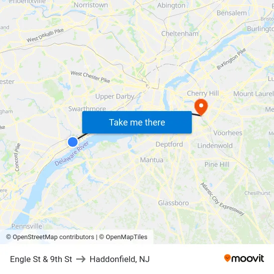 Engle St & 9th St to Haddonfield, NJ map