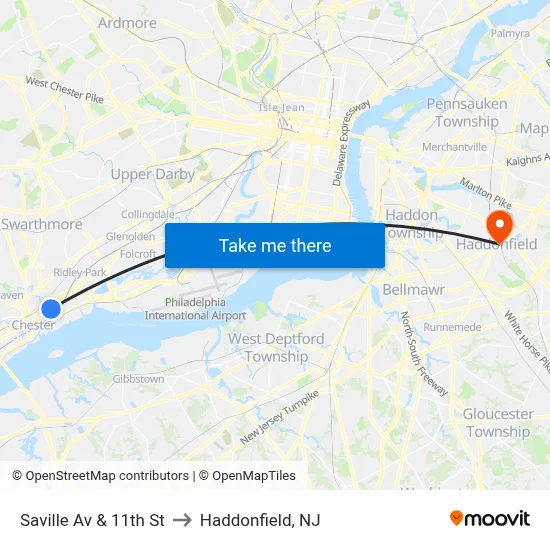 Saville Av & 11th St to Haddonfield, NJ map
