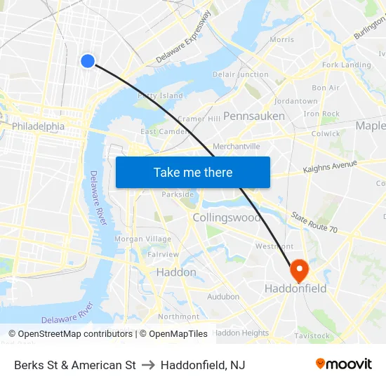 Berks St & American St to Haddonfield, NJ map