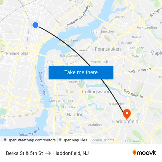 Berks St & 5th St to Haddonfield, NJ map