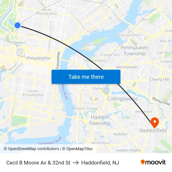 Cecil B Moore Av & 32nd St to Haddonfield, NJ map