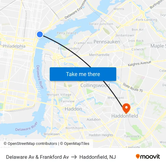 Delaware Av & Frankford Av to Haddonfield, NJ map