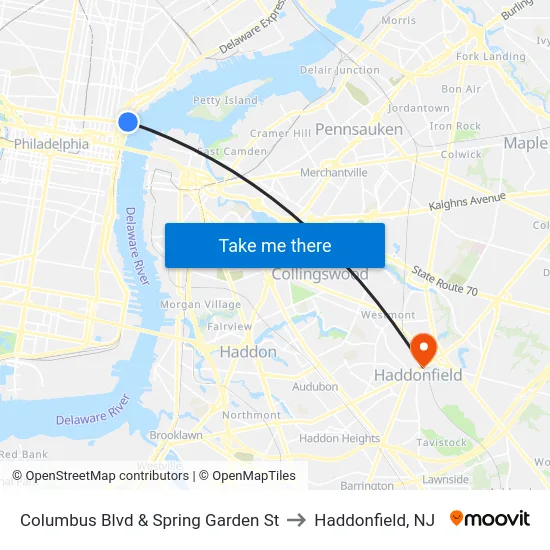 Columbus Blvd & Spring Garden St to Haddonfield, NJ map