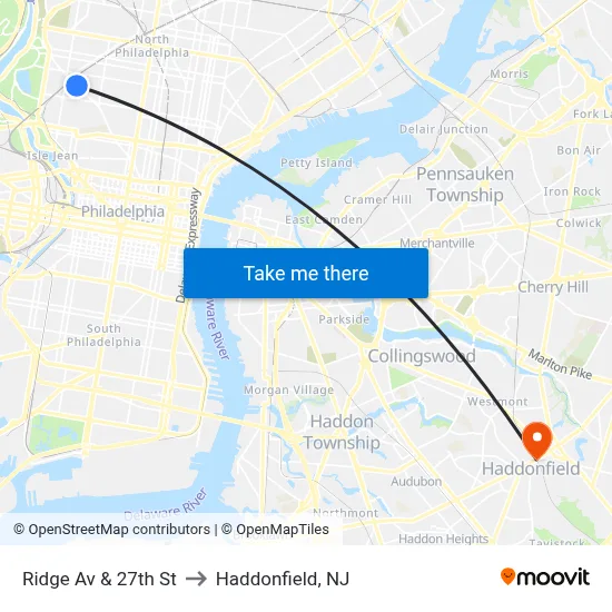 Ridge Av & 27th St to Haddonfield, NJ map