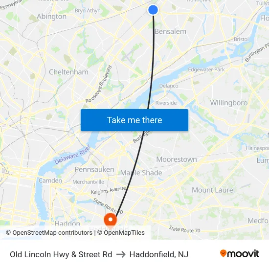 Old Lincoln Hwy & Street Rd to Haddonfield, NJ map