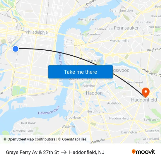 Grays Ferry Av & 27th St to Haddonfield, NJ map