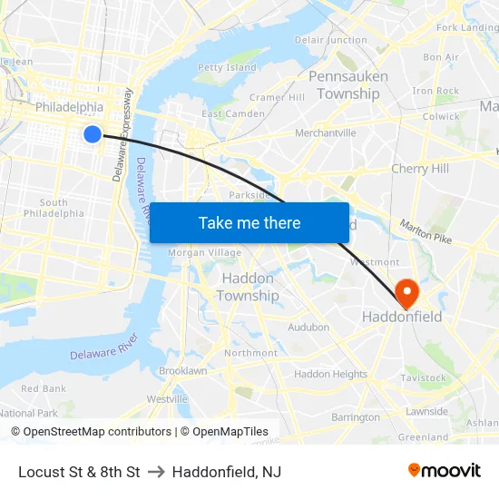 Locust St & 8th St to Haddonfield, NJ map