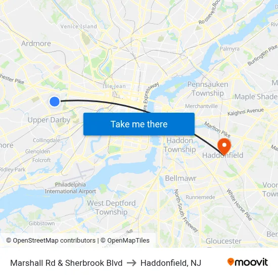 Marshall Rd & Sherbrook Blvd to Haddonfield, NJ map