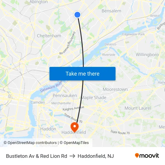 Bustleton Av & Red Lion Rd to Haddonfield, NJ map