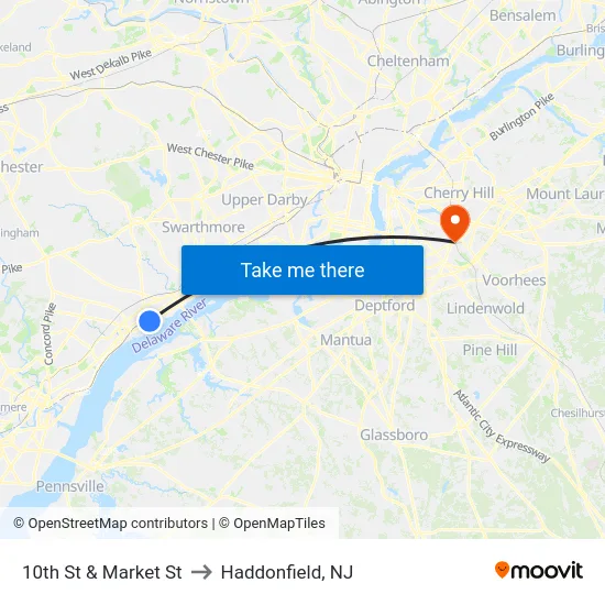 10th St & Market St to Haddonfield, NJ map