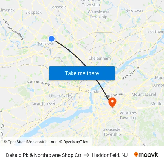 Dekalb Pk & Northtowne Shop Ctr to Haddonfield, NJ map