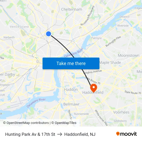 Hunting Park Av & 17th St to Haddonfield, NJ map