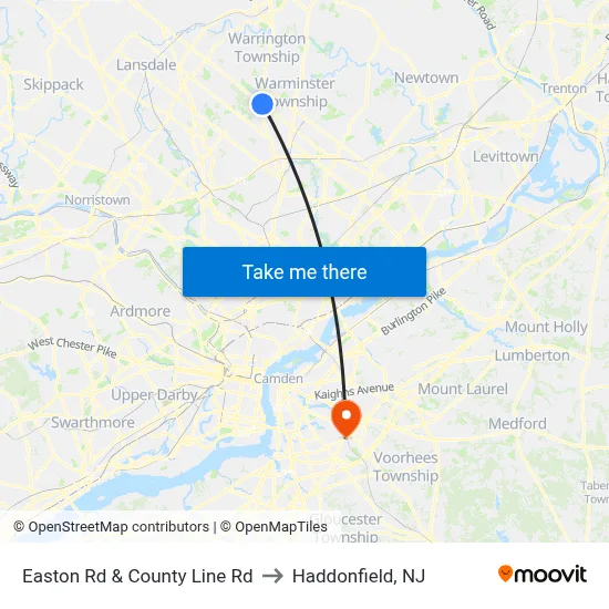 Easton Rd & County Line Rd to Haddonfield, NJ map