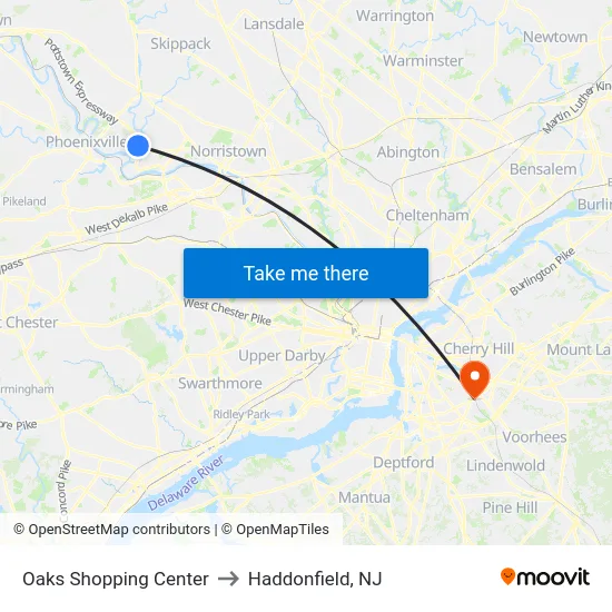 Oaks Shopping Center to Haddonfield, NJ map