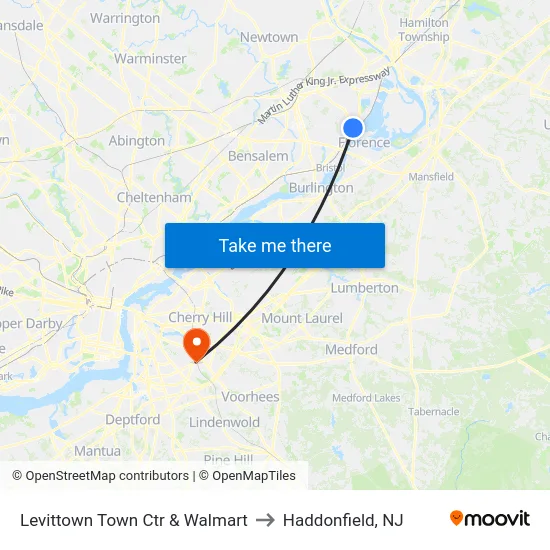 Levittown Town Ctr & Walmart to Haddonfield, NJ map