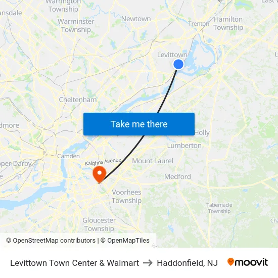 Levittown Town Center & Walmart to Haddonfield, NJ map