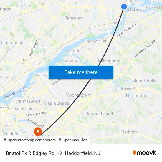 Bristol Pk & Edgley Rd to Haddonfield, NJ map