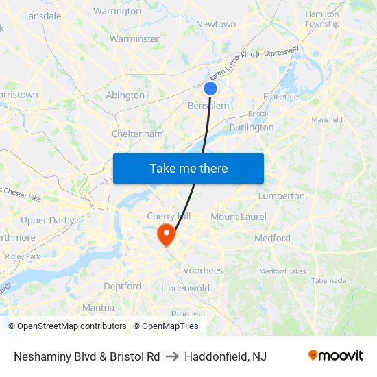 Neshaminy Blvd & Bristol Rd to Haddonfield, NJ map