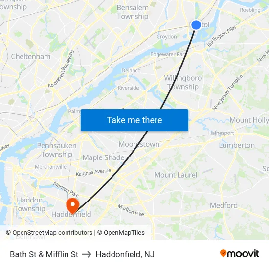 Bath St & Mifflin St to Haddonfield, NJ map