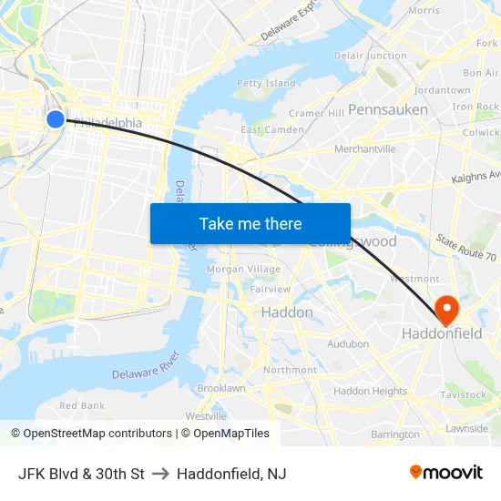 JFK Blvd & 30th St to Haddonfield, NJ map