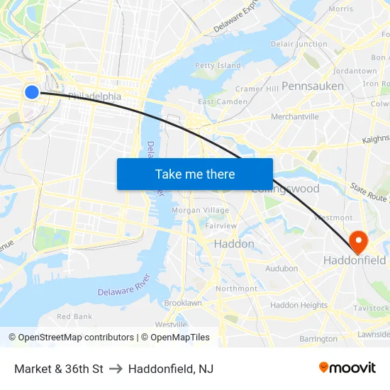 Market & 36th St to Haddonfield, NJ map