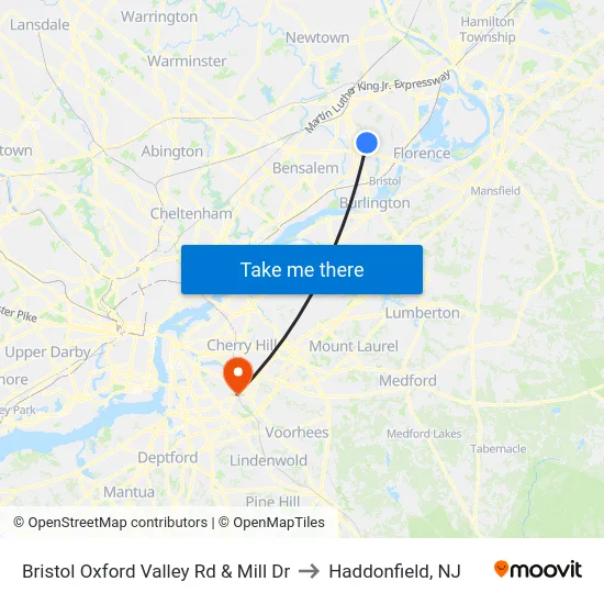 Bristol Oxford Valley Rd & Mill Dr to Haddonfield, NJ map
