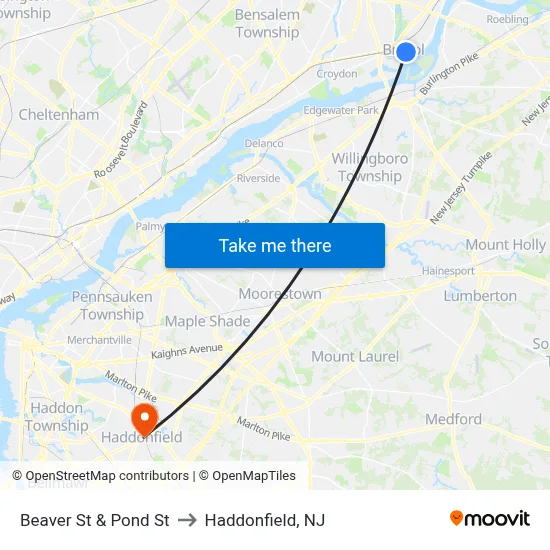 Beaver St & Pond St to Haddonfield, NJ map