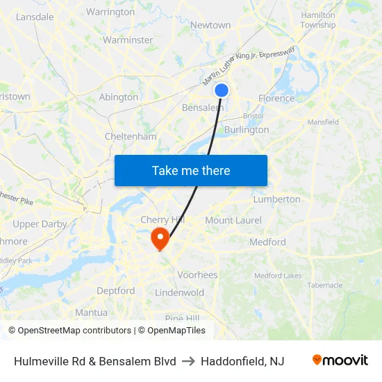 Hulmeville Rd & Bensalem Blvd to Haddonfield, NJ map