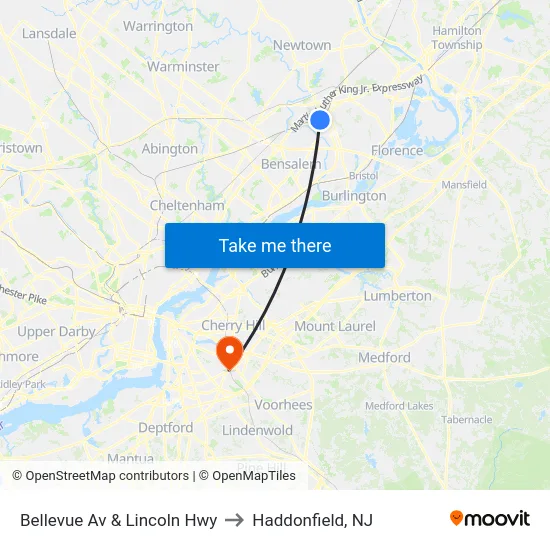 Bellevue Av & Lincoln Hwy to Haddonfield, NJ map