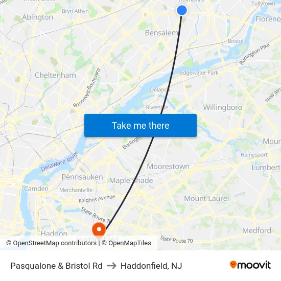 Pasqualone & Bristol Rd to Haddonfield, NJ map