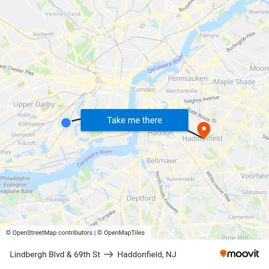 Lindbergh Blvd & 69th St to Haddonfield, NJ map