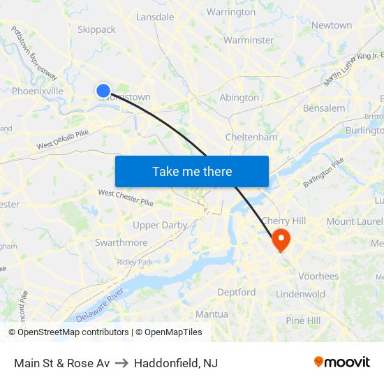 Main St & Rose Av to Haddonfield, NJ map